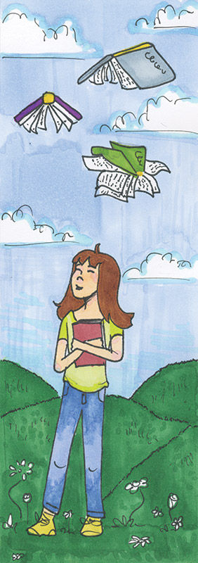 Girl holding a book looking up at books flying in the sky.